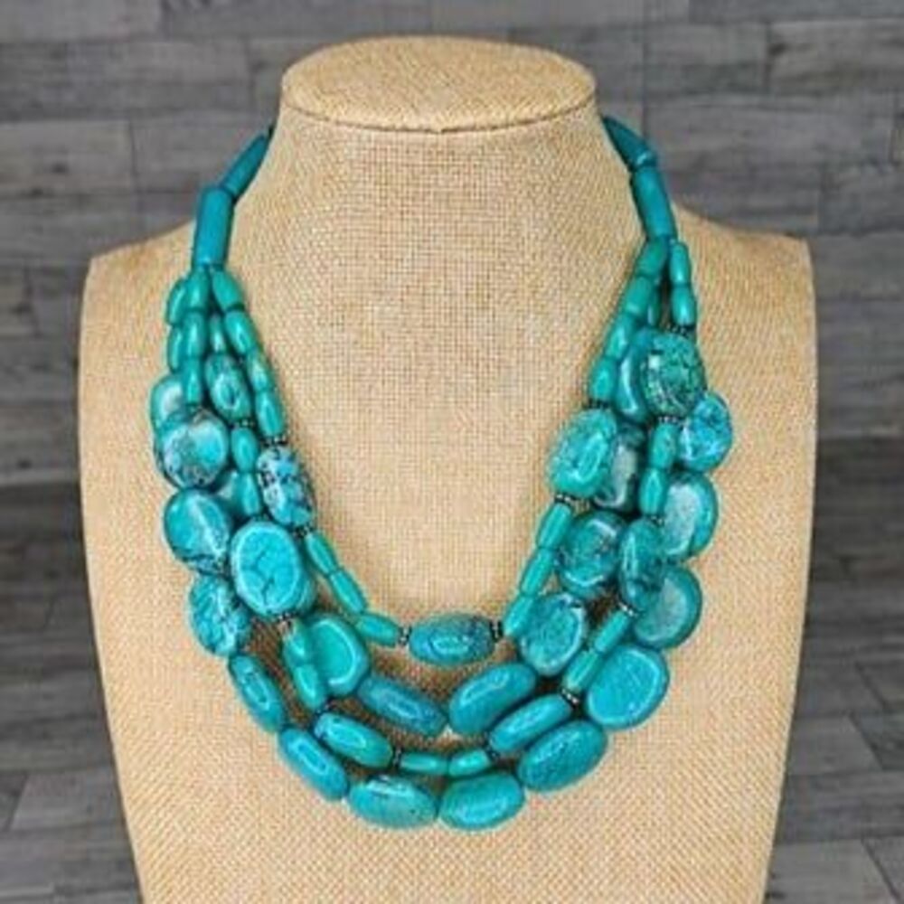 Natural Dark Teal Jadeite Stone Multi Strand Layered Necklace HEAVY 17"L